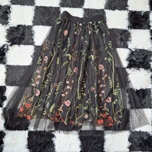 Black Embroidered Tulle Skirt Floral Mesh Fairycore Whimsy Goth XS/S